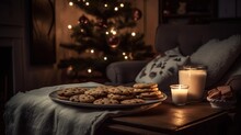 Cozy Living Room With A Lit Christmas Tree And A Plate Of Cookies And A Glass Of Milk Waiting For Santa
