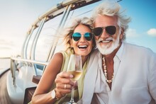 Senior Couple Holding Champagne On Sailboat Vacation, Happy Parents Having Fun Celebrating Wedding Anniversary On Boat Trip