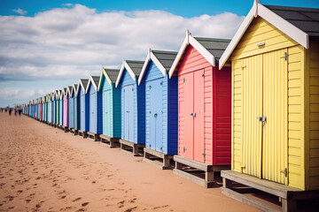 Wall Mural - Vibrant beach huts form a picturesque row, their backdrop adorned by a clear blue sky.