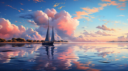 Wall Mural - Discover the serenity of a lone sailboat on the horizon. generative AI illustration. the sea.