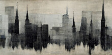 Generative AI, Black Watercolor Abstract Cityscape Painted Background. Ink Black Street Graffiti Art On A Textured Paper Vintage Background, Washes And Brush Strokes..