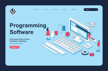 Aufkleber - Programming software concept in 3d isometric design for landing page template. People prototyping products and working with code, testing and making optimization programs. Vector illustration for web