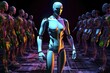 © svetlana_cherruty - Robot in neon light stands next to row of robots, clones ready to execute commands. Generative AI.