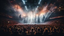 Generative AI, People Crowd On Music Rock Festival Concert In Stadium, Big Stage Lit By Spotlights..