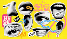 90s Punk Style Collage Elements Of Face Parts Set. Eyes, Nose, Lips And Ear In Halftone Treatment. Retro Magazine Clippings. Offset Dotted Vintage Vector Illustration.