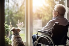 Lonely Disabled Man On Wheelchair With Dog At Home Feeling Sad And Depressed Looking Window Outside