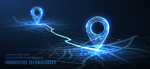 gps. abstract vector two pin icon on blue city map with white line connection