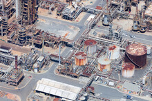 Aerial View Of Large Refinery Factory On Hot Summers Day, Melbourne, Victoria, Australia.