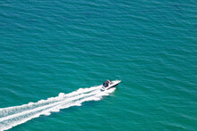 Aerial View Of A Speedboat Sailing Fast Across The Ocean, Melbourne, Victoria, Australia.