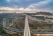 Aerial View Of A Concrete Train Bridge Leading To A City, Jerusalem, Israel.