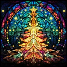 Stained Glass Christmas Tree, Yellow And Blue, Green, Red, Round, Intricate, Mandala Pattern. 