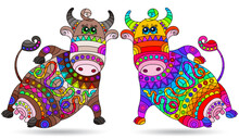 A Set Of Stained Glass Illustrations With Cute Cartoon Cows, Animals Isolated On A White Background