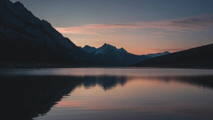 Wall Mural - Sunrise over Medicine lake with rocky mountains and lake reflection in the morning at Jasper national park