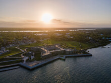 Aerial View Of The Castillo De San Marcos At Sunset In Historic Downtown St Augustine, Florida, United States.