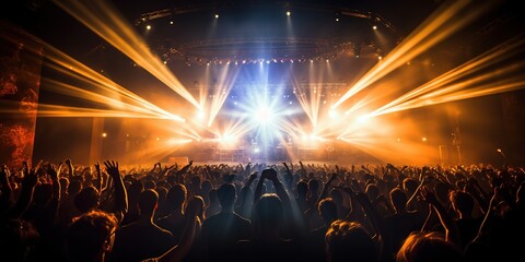 cheering crowd and stage lights. Audience At Outdoor Music Festival. Generative Ai.