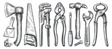 Set Of Tools For Construction Or Repair Work. Clamping Pliers, Hammer, Screwdriver, Hacksaw, Wrench, Plumbing Key