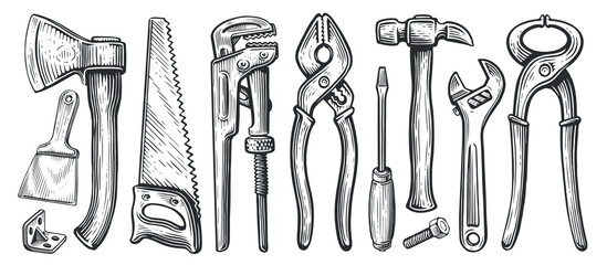 set of tools for construction or repair work. clamping pliers, hammer, screwdriver, hacksaw, wrench,