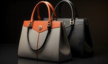 Women's Leather Handbags On A Dark Background, Ai Generated