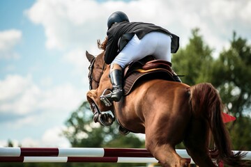 rear view of an equestrian on a jumping horse at a show jumping event