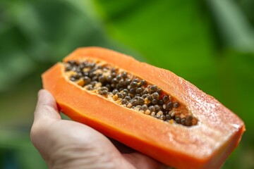 Poster - Half cut papaya fruit in a male's hand