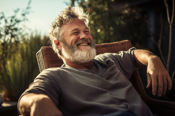 Canvas Print - Generative ai collage portrait of happy positive guy relax in chair in green garden