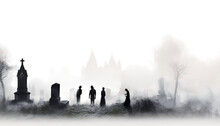 Ghostly Figures In A Misty Cemetery, Giving An Eerie Presence - Halloween Misty Cemetery, Ethereal Apparitions, Ghostly Figures, Spectral Forms, Halloween Concept