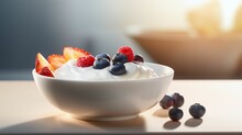 Beautiful Close-up Of A Bowl With Skyr Yogurt, Made With Generative AI