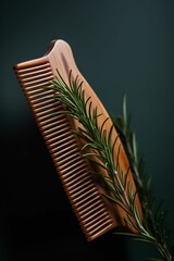 Wall Mural - Close-up of a wooden hair comb and rosemary, made with generative AI