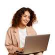 © D85studio - Beautiful girl smiling looking at laptop on white