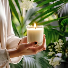 Young woman holding burning candle jar in her hands, container candle mockup closeup shot, mindfulness home interior with green plants