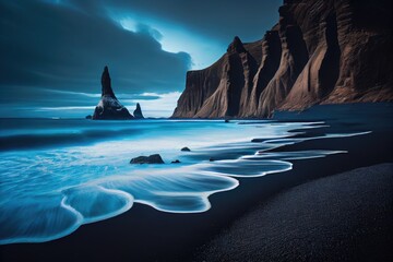 Mysterious black sand beach and mountains. Twilight. Reefs in the water.