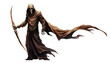 Grim reaper with a scythe, ready to claim lost souls on Halloween night , Halloween grim reaper, death personified, soul collector, spectral figure