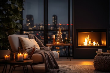 Wall Mural - Christmas decorated evening cozy room  design ,kamin and candle blurred light near sofa on front windows view on city