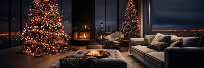 Wall Mural - Christmas decorated evening cozy room  design ,kamin and candle blurred light near sofa on front windows view on city