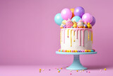 Birthday cake decorated with colorful sweets, balloons on a pink background. Generative AI