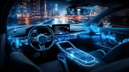 Creative glowing digital car on blurry night city background. Transport and vehicle concept. 3D Rendering