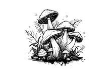 Fly Agaric Or Amanita Mushrooms Group Growing In Grass Engraving Style. Vector Illustration.