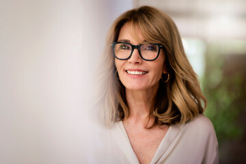 Headshot of attractive woman standing at wall and looking at camera and smiling