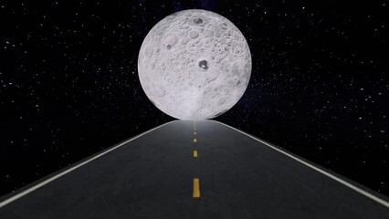 Wall Mural - 3d rendered animation of a road leading to the spinning moon on the starry background
