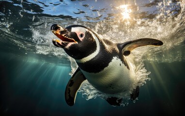 Wall Mural - under water nature photography of a exotic penguin swimming underwater