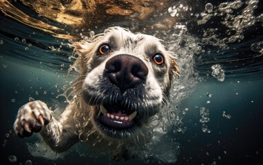 Wall Mural - under water nature photography of a dog swimming underwater