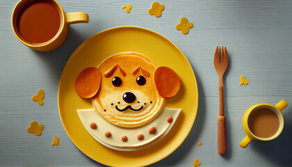 Creative kids breakfast, dog pancakes. Delicious and colorful children meal idea, Ai generated image