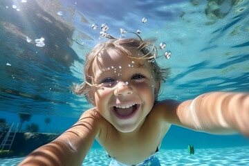 Happy little beautiful baby boy in a learns to swims tropical dives underwater in the swimming pool.