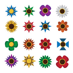 flower colorful pictograms set. ornamental different shaped flowers, top view, garden cute flowers, plants. vector cartoon isolated objects