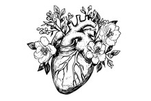 Valentine Day Card Vintage Illustration. Floral Anatomical Heart. Vector Illustration