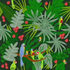 Wall Mural - Beautiful seamless vector floral summer pattern background with parrot, palm leaves, plumeria. Perfect for wallpapers, web page backgrounds, surface textures, textile. Vector illustration