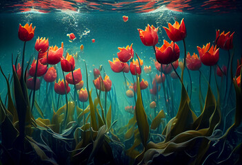 Wall Mural - Underwater field of red tulips, futuristic fantasy illustration. AI generative.