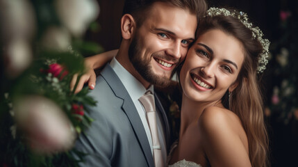 Wall Mural - Amazing smiling wedding couple. Pretty bride and stylish groom.