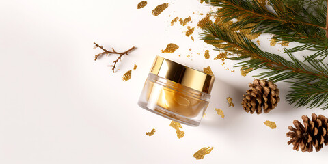 Luxury Christmas cosmetic mockup. Composition with cream jar, container, golden confetti, decoration, with fir branches on white background.package template for winter sale. top view. Generative ai.