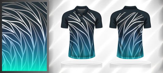 Wall Mural - Vector sport pattern design template for Polo T-shirt front and back view mockup. Dark and light shades of blue with white-grey color abstract curve line texture background illustration.